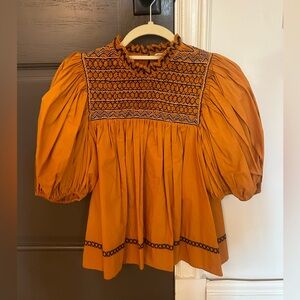 Ulla Johnson Smocked Burnt Orange Embroidered Blouse